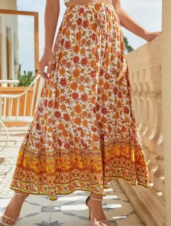 New Women's Skirt A Line Swing Bohemia Fashion Casual Boho Maxi High Waist Skirts Floral Drawstring Print Split Ends Vacation Daily Yellow Red Green Summer Rayon Women Skirts