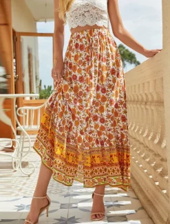 New Women's Skirt A Line Swing Bohemia Fashion Casual Boho Maxi High Waist Skirts Floral Drawstring Print Split Ends Vacation Daily Yellow Red Green Summer Rayon Women Skirts