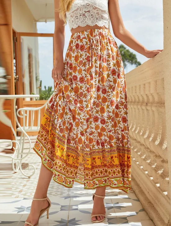 New Women's Skirt A Line Swing Bohemia Fashion Casual Boho Maxi High Waist Skirts Floral Drawstring Print Split Ends Vacation Daily Yellow Red Green Summer Rayon Women Skirts