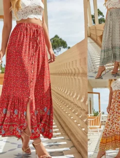New Women's Skirt A Line Swing Bohemia Fashion Casual Boho Maxi High Waist Skirts Floral Drawstring Print Split Ends Vacation Daily Yellow Red Green Summer Rayon Women Skirts