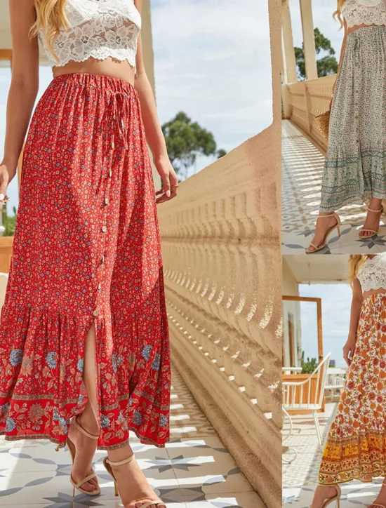 New Women's Skirt A Line Swing Bohemia Fashion Casual Boho Maxi High Waist Skirts Floral Drawstring Print Split Ends Vacation Daily Yellow Red Green Summer Rayon Women Skirts