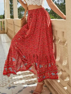 New Women's Skirt A Line Swing Bohemia Fashion Casual Boho Maxi High Waist Skirts Floral Drawstring Print Split Ends Vacation Daily Yellow Red Green Summer Rayon Women Skirts