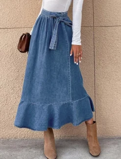 Best Women's Skirt A Line Swing Fashion Casual Maxi High Waist Skirts Solid Colored Ruffle Street Daily Winter Denim Women Skirts