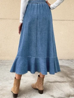 Best Women's Skirt A Line Swing Fashion Casual Maxi High Waist Skirts Solid Colored Ruffle Street Daily Winter Denim Women Skirts