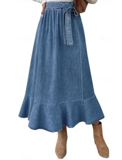 Best Women's Skirt A Line Swing Fashion Casual Maxi High Waist Skirts Solid Colored Ruffle Street Daily Winter Denim Women Skirts