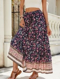 Hot Women's Skirt A Line Swing Bohemia Fashion Casual Maxi High Waist Skirts Floral Print Micro-elastic Street Daily Red Navy Blue Green Summer Polyester Women Skirts|Spring Pants