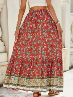 Hot Women's Skirt A Line Swing Bohemia Fashion Casual Maxi High Waist Skirts Floral Print Micro-elastic Street Daily Red Navy Blue Green Summer Polyester Women Skirts|Spring Pants