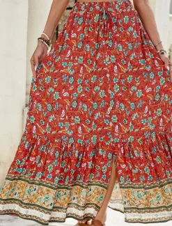 Hot Women's Skirt A Line Swing Bohemia Fashion Casual Maxi High Waist Skirts Floral Print Micro-elastic Street Daily Red Navy Blue Green Summer Polyester Women Skirts|Spring Pants