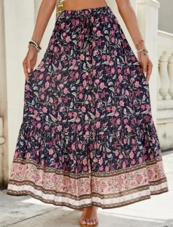 Hot Women's Skirt A Line Swing Bohemia Fashion Casual Maxi High Waist Skirts Floral Print Micro-elastic Street Daily Red Navy Blue Green Summer Polyester Women Skirts|Spring Pants