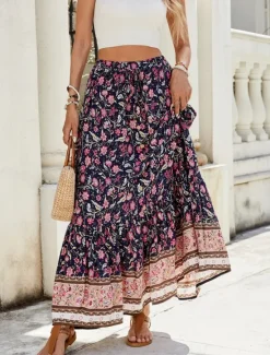 Hot Women's Skirt A Line Swing Bohemia Fashion Casual Maxi High Waist Skirts Floral Print Micro-elastic Street Daily Red Navy Blue Green Summer Polyester Women Skirts|Spring Pants