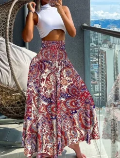 Hot Women's Skirt A Line Swing Maxi Skirts Print Floral Paisley Holiday Vacation Summer Vintage Boho Black-White Black Red Navy Blue Women Skirts