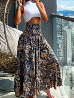 Hot Women's Skirt A Line Swing Maxi Skirts Print Floral Paisley Holiday Vacation Summer Vintage Boho Black-White Black Red Navy Blue Women Skirts