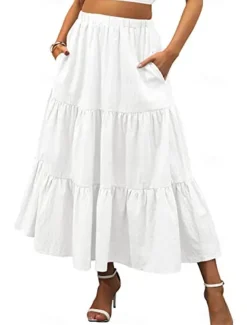 New Women's Skirt A Line Swing Maxi Skirts Ruffle Pocket Solid Colored Casual Daily Weekend Summer Fashion Casual Black White Red Light Blue Women Skirts