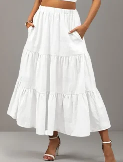 New Women's Skirt A Line Swing Maxi Skirts Ruffle Pocket Solid Colored Casual Daily Weekend Summer Fashion Casual Black White Red Light Blue Women Skirts