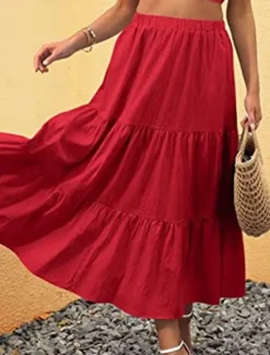 New Women's Skirt A Line Swing Maxi Skirts Ruffle Pocket Solid Colored Casual Daily Weekend Summer Fashion Casual Black White Red Light Blue Women Skirts