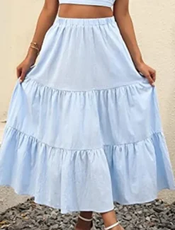 New Women's Skirt A Line Swing Maxi Skirts Ruffle Pocket Solid Colored Casual Daily Weekend Summer Fashion Casual Black White Red Light Blue Women Skirts