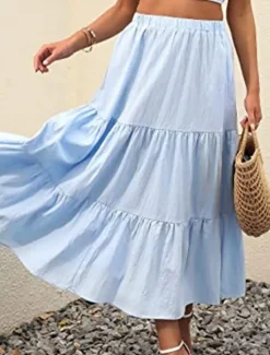 New Women's Skirt A Line Swing Maxi Skirts Ruffle Pocket Solid Colored Casual Daily Weekend Summer Fashion Casual Black White Red Light Blue Women Skirts