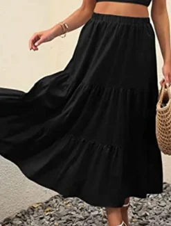 New Women's Skirt A Line Swing Maxi Skirts Ruffle Pocket Solid Colored Casual Daily Weekend Summer Fashion Casual Black White Red Light Blue Women Skirts