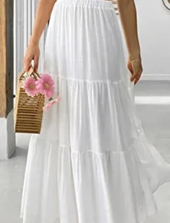 New Women's Skirt A Line Swing Maxi Skirts Ruffle Pocket Solid Colored Casual Daily Weekend Summer Fashion Casual Black White Red Light Blue Women Skirts