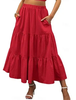New Women's Skirt A Line Swing Maxi Skirts Ruffle Pocket Solid Colored Casual Daily Weekend Summer Fashion Casual Black White Red Light Blue Women Skirts