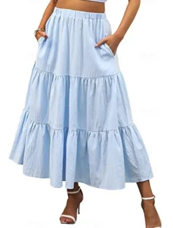 New Women's Skirt A Line Swing Maxi Skirts Ruffle Pocket Solid Colored Casual Daily Weekend Summer Fashion Casual Black White Red Light Blue Women Skirts
