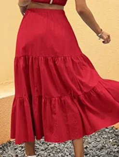 New Women's Skirt A Line Swing Maxi Skirts Ruffle Pocket Solid Colored Casual Daily Weekend Summer Fashion Casual Black White Red Light Blue Women Skirts