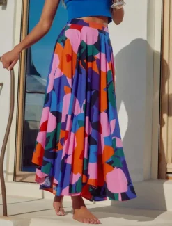 Sale Women's Skirt A Line Swing Fashion Casual Maxi High Waist Skirts Floral Print Micro-elastic Street Daily Summer Polyester Women Skirts|Spring Pants