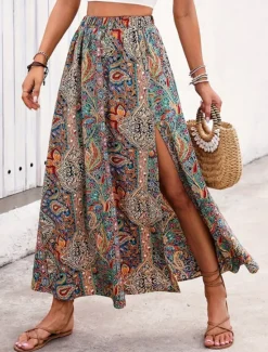 New Women's Skirt A Line Swing Casual Boho Maxi High Waist Skirts Graphic Paisley Print Split Ends Vacation Holiday Blue Purple Summer Polyester Women Skirts