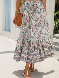 Outlet Women's Skirt A Line Swing Bohemia Casual Boho Maxi High Waist Skirts Floral Ruffle Floral Print Vacation Holiday Red Orange Dark Blue Beige Summer Rayon Women Skirts