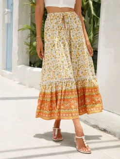 Outlet Women's Skirt A Line Swing Bohemia Casual Boho Maxi High Waist Skirts Floral Ruffle Floral Print Vacation Holiday Red Orange Dark Blue Beige Summer Rayon Women Skirts