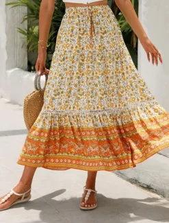 Outlet Women's Skirt A Line Swing Bohemia Casual Boho Maxi High Waist Skirts Floral Ruffle Floral Print Vacation Holiday Red Orange Dark Blue Beige Summer Rayon Women Skirts