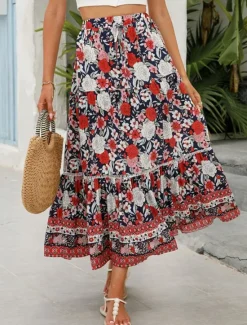 Outlet Women's Skirt A Line Swing Bohemia Casual Boho Maxi High Waist Skirts Floral Ruffle Floral Print Vacation Holiday Red Orange Dark Blue Beige Summer Rayon Women Skirts