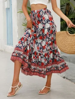 Outlet Women's Skirt A Line Swing Bohemia Casual Boho Maxi High Waist Skirts Floral Ruffle Floral Print Vacation Holiday Red Orange Dark Blue Beige Summer Rayon Women Skirts