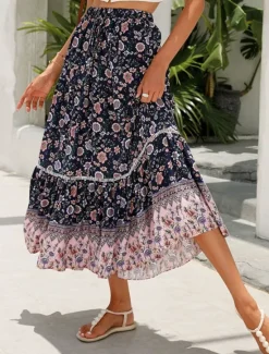 Outlet Women's Skirt A Line Swing Bohemia Casual Boho Maxi High Waist Skirts Floral Ruffle Floral Print Vacation Holiday Red Orange Dark Blue Beige Summer Rayon Women Skirts