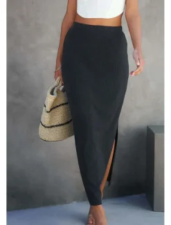 Discount Women's Skirt Bodycon Casual Midi Mid Rise Skirts Plain Split Ends Micro-elastic Street Going out Black White Camel Summer Polyester Women Skirts