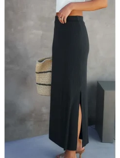 Discount Women's Skirt Bodycon Casual Midi Mid Rise Skirts Plain Split Ends Micro-elastic Street Going out Black White Camel Summer Polyester Women Skirts