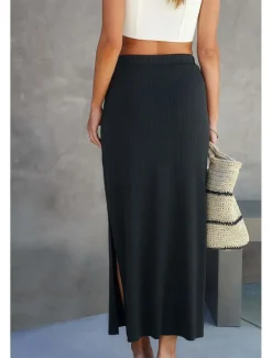 Discount Women's Skirt Bodycon Casual Midi Mid Rise Skirts Plain Split Ends Micro-elastic Street Going out Black White Camel Summer Polyester Women Skirts