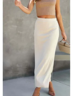Discount Women's Skirt Bodycon Casual Midi Mid Rise Skirts Plain Split Ends Micro-elastic Street Going out Black White Camel Summer Polyester Women Skirts