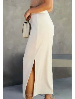 Discount Women's Skirt Bodycon Casual Midi Mid Rise Skirts Plain Split Ends Micro-elastic Street Going out Black White Camel Summer Polyester Women Skirts