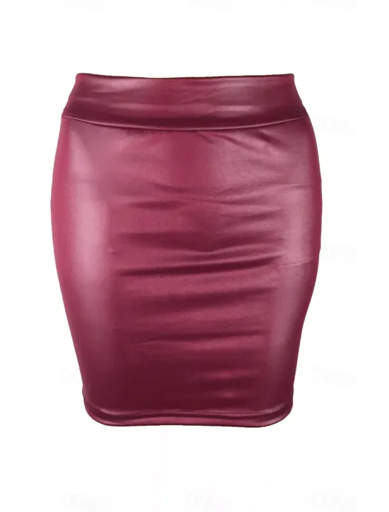 Best Women's Skirt Bodycon Elegant Fashion Casual Above Knee High Waist Skirts Solid Colored Vacation Street Wine Black Navy Blue Coffee Spring & Summer Faux Leather Women Skirts