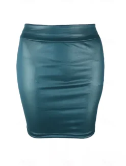 Best Women's Skirt Bodycon Elegant Fashion Casual Above Knee High Waist Skirts Solid Colored Vacation Street Wine Black Navy Blue Coffee Spring & Summer Faux Leather Women Skirts