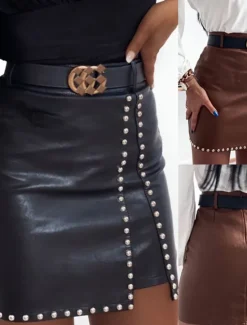 Best Women's Skirt Bodycon Fashion Sexy Mini High Waist Skirts Solid Colored Beaded Vacation Street Black Brown Spring & Summer Faux Leather Women Skirts