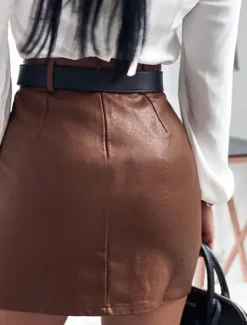 Best Women's Skirt Bodycon Fashion Sexy Mini High Waist Skirts Solid Colored Beaded Vacation Street Black Brown Spring & Summer Faux Leather Women Skirts