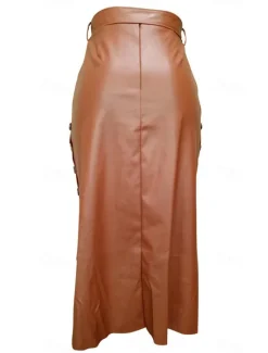 Outlet Women's Skirt Bodycon Fashion Casual Midi High Waist Skirts Solid Colored Maillard Split Ends Vacation Street Black Wine Brown Spring Faux Leather Leather Women Skirts