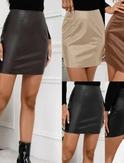 Hot Women's Skirt Bodycon Fashion Sexy Mini High Waist Skirts Solid Colored Office / Career Street Black Brown Apricot Coffee Spring & Summer Faux Leather Women Skirts