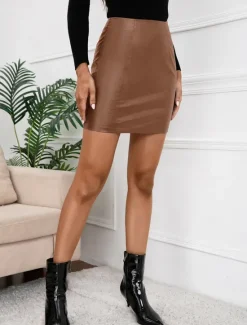 Hot Women's Skirt Bodycon Fashion Sexy Mini High Waist Skirts Solid Colored Office / Career Street Black Brown Apricot Coffee Spring & Summer Faux Leather Women Skirts