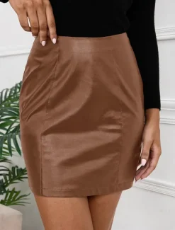 Hot Women's Skirt Bodycon Fashion Sexy Mini High Waist Skirts Solid Colored Office / Career Street Black Brown Apricot Coffee Spring & Summer Faux Leather Women Skirts