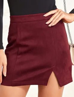 Women's Skirt Bodycon Fashion Sexy Mini High Waist Skirts Solid Colored Split Ends Vacation Street Wine Black Pink Brown Winter Suede Women Skirts