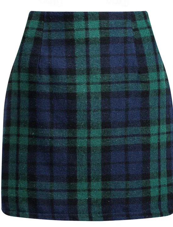 Discount Women's Skirt Bodycon Fashion Casual Mini High Waist Skirts Plaid Print Vacation Street Sapphire Dark Green Dark Coffee Winter Woolen Women Skirts