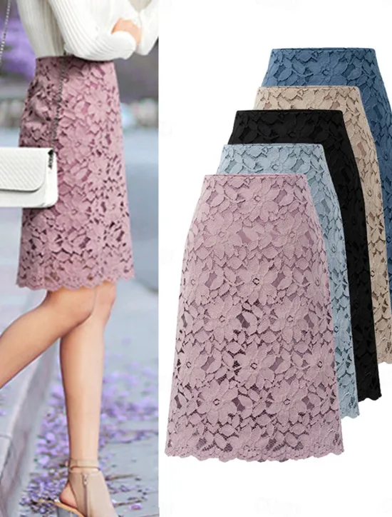 Discount Women's Skirt Bodycon Work Skirts Above Knee High Waist Skirts Lace Solid Colored Office / Career Street Summer Elegant Fashion Business Black Light Purple Light Blue Women Skirts